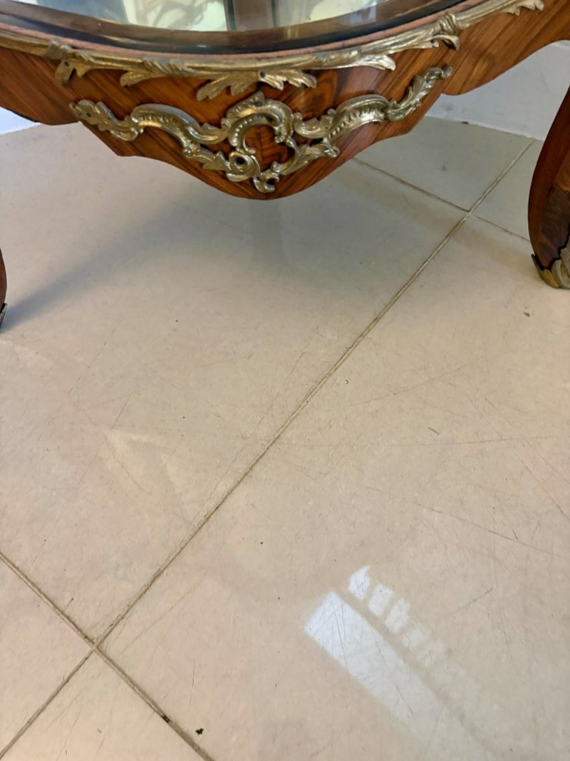 Antique Exceptional French Kingwood Serpentine Corner Display Cabinet with Marble Top and Ormolu Mounts - Image 7